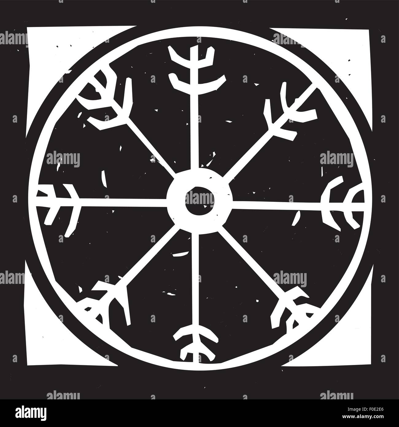 Woodcut style image of the magical Viking wheel symbol Stock Vector