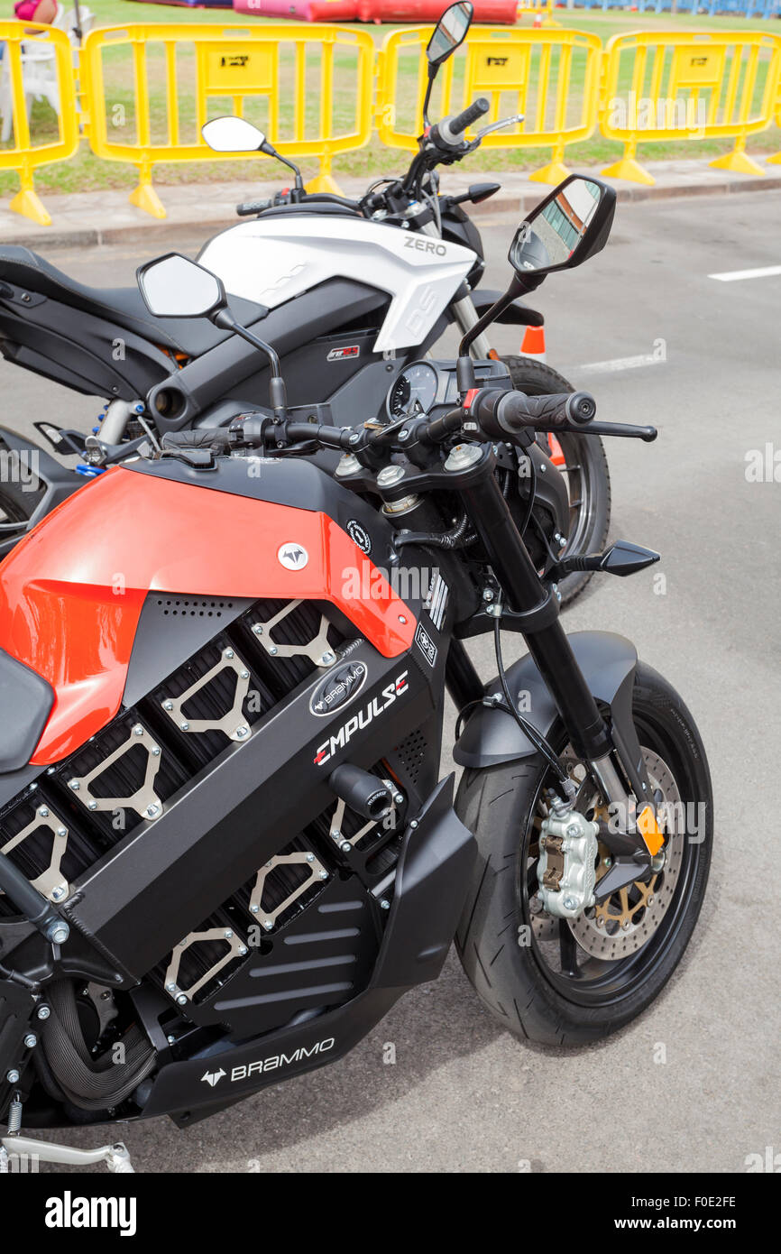 Electric motorcycles on display at the AdejeTec Experience day in the grounds of the Adeje Tourism Development Center, Tenerife, Stock Photo