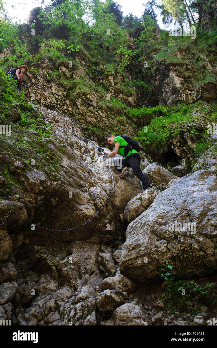 Trekking Ramp Down Group of hikers with backpacks descending on a difficult trail on ...