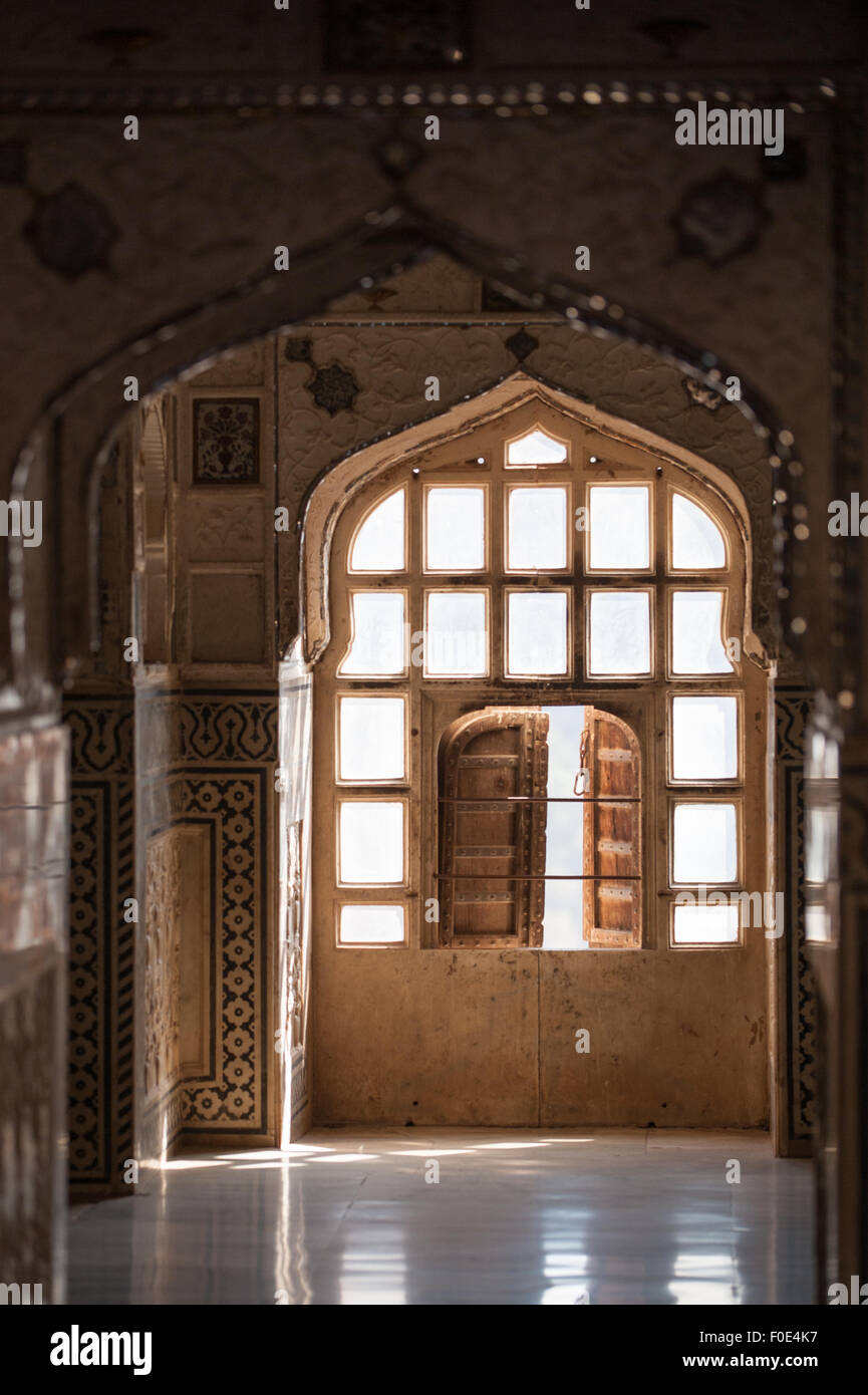 Jaipur, India. Detail of window in the Amber (Amer) Fort. Stock Photo