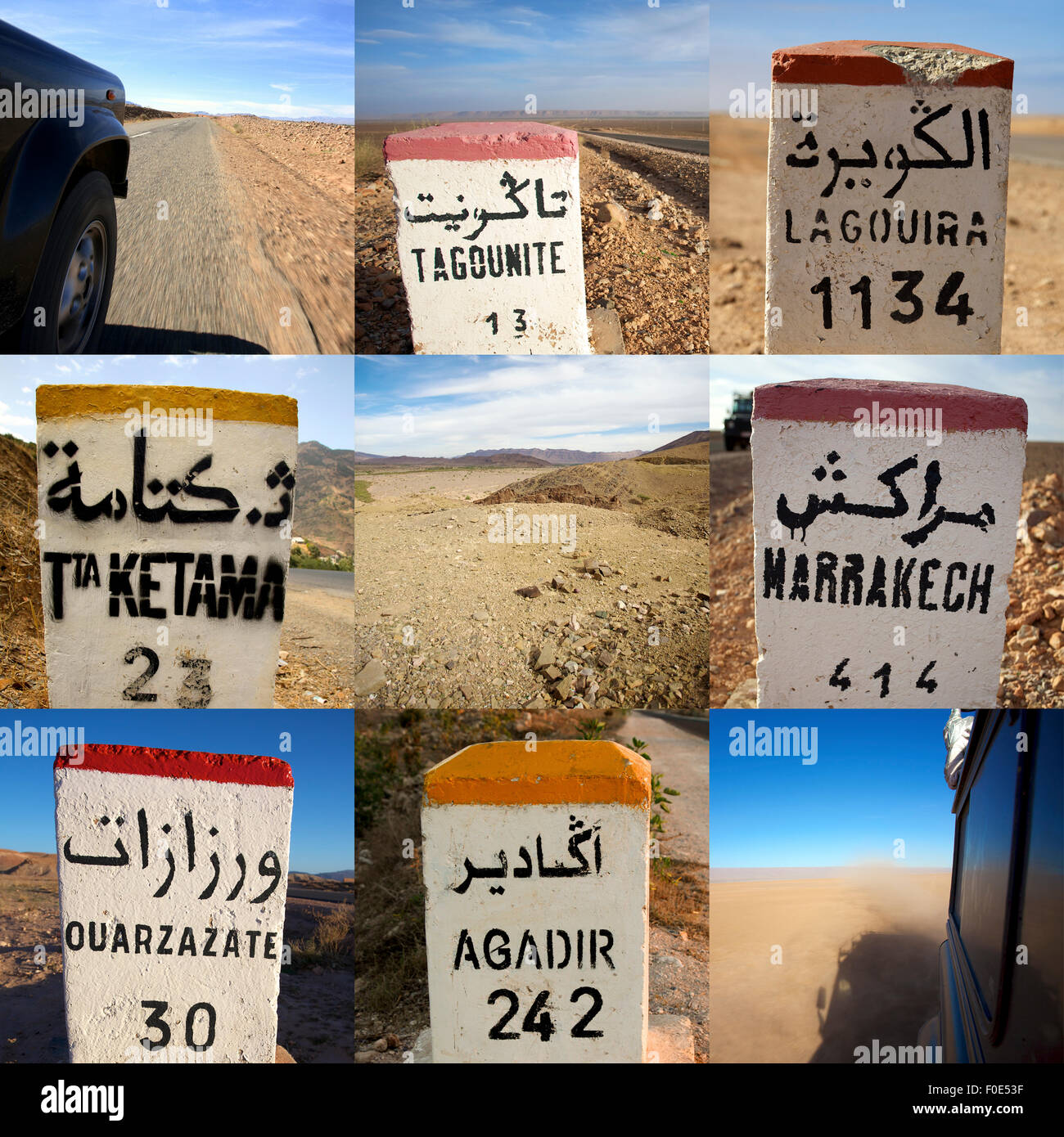 Composition of 9 images in a square format including close-up of road signs in Morocco. Stock Photo
