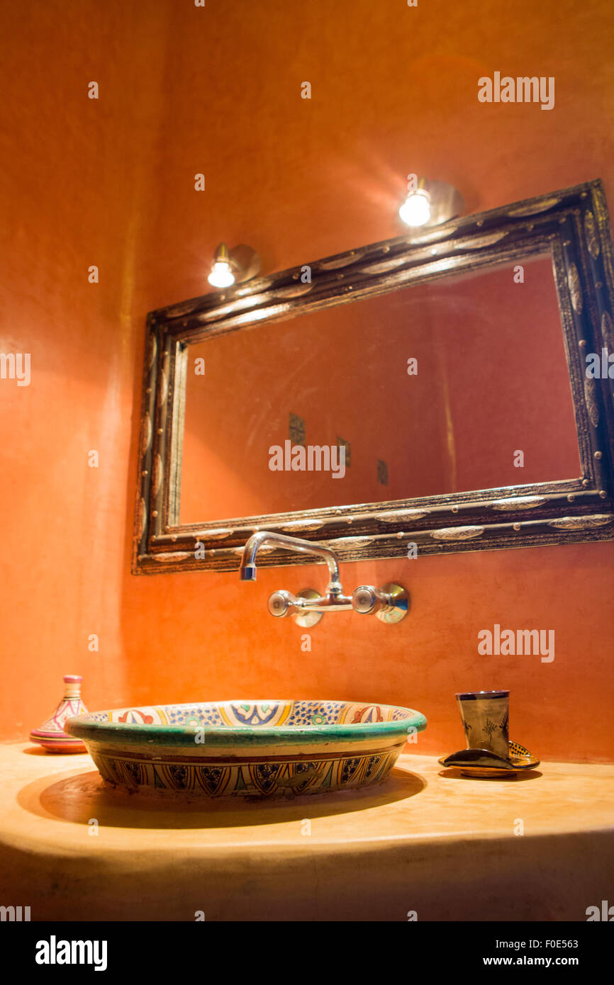 Moroccan themed spa and bathroom in Morocco. View of the sink and the