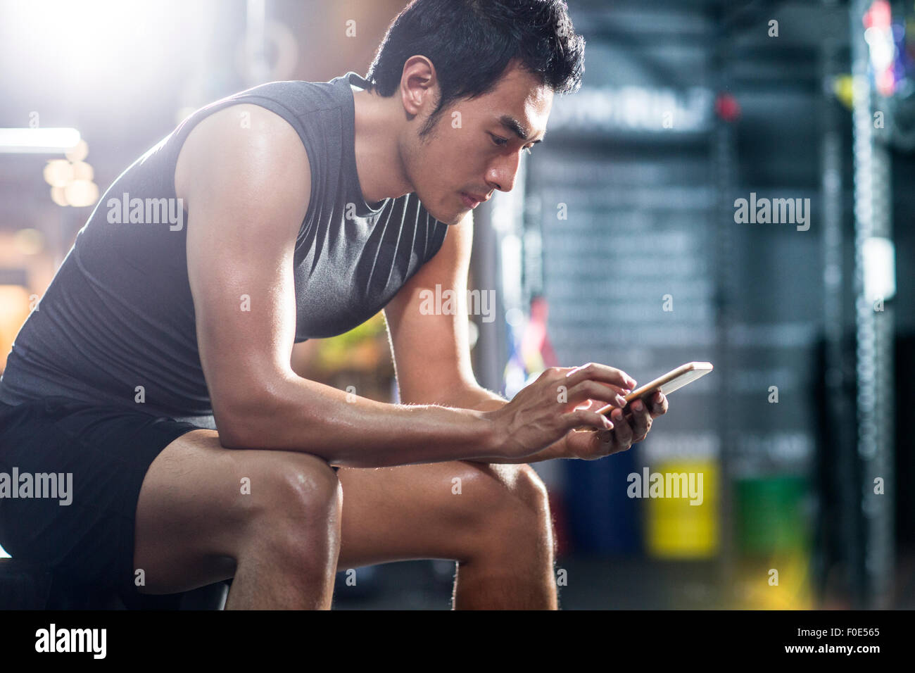 Young man using smart phone in gym Stock Photo Alamy