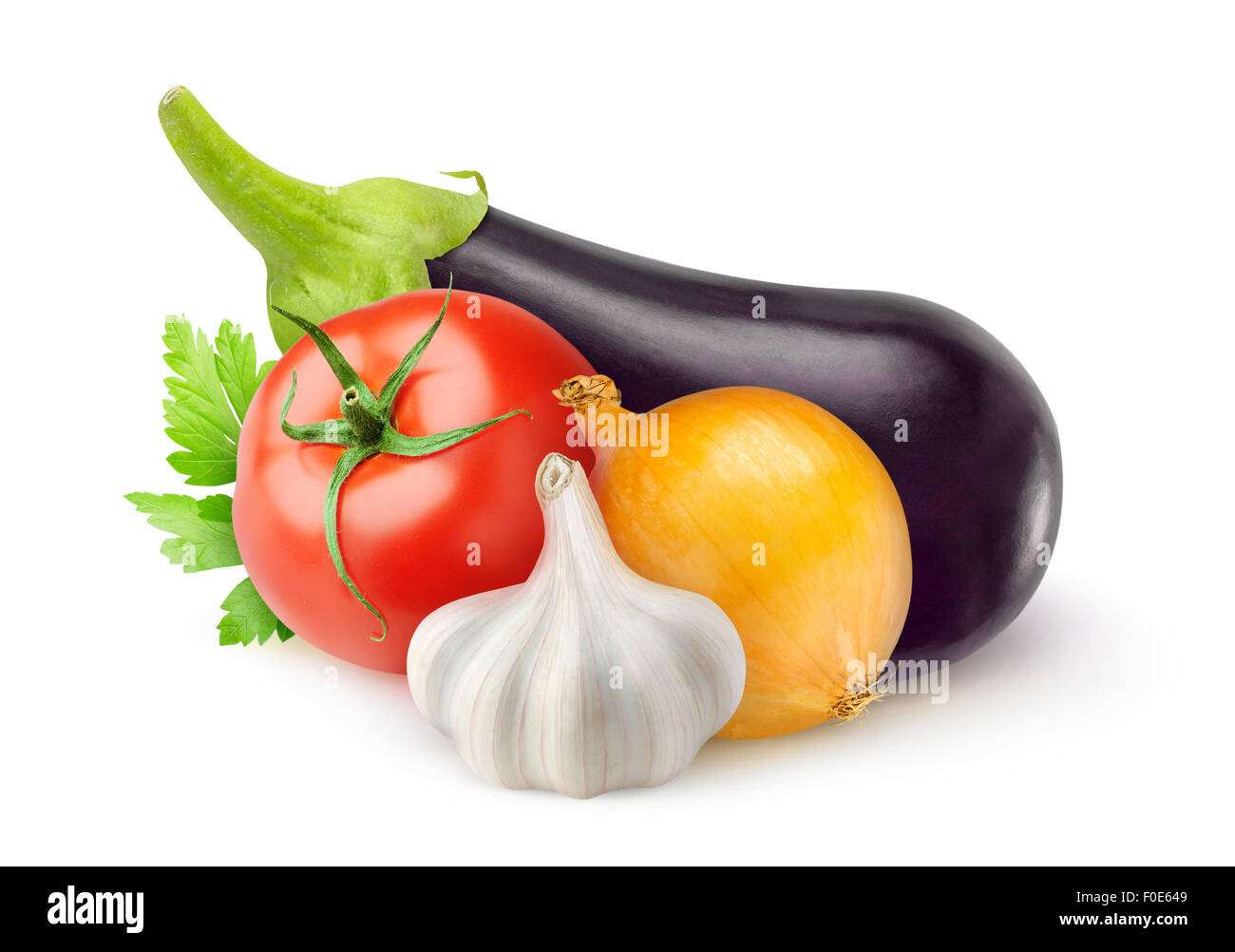 Eggplant, tomato, onion and garlic isolated on white Stock Photo Alamy