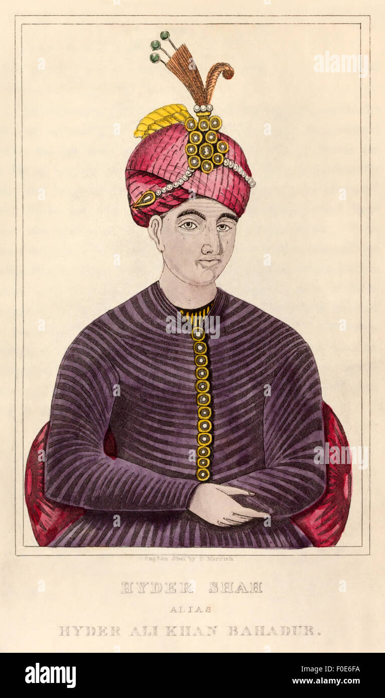 Hyder Ali Khan (1721-1782) Sultan of the Kingdom of Mysore in India. He offered strong anti-colonial resistance against the military advances of the British East India Company during the First and Second Anglo–Mysore Wars, and he was the innovator of military use of the iron-cased Mysorean rockets. Stock Photo