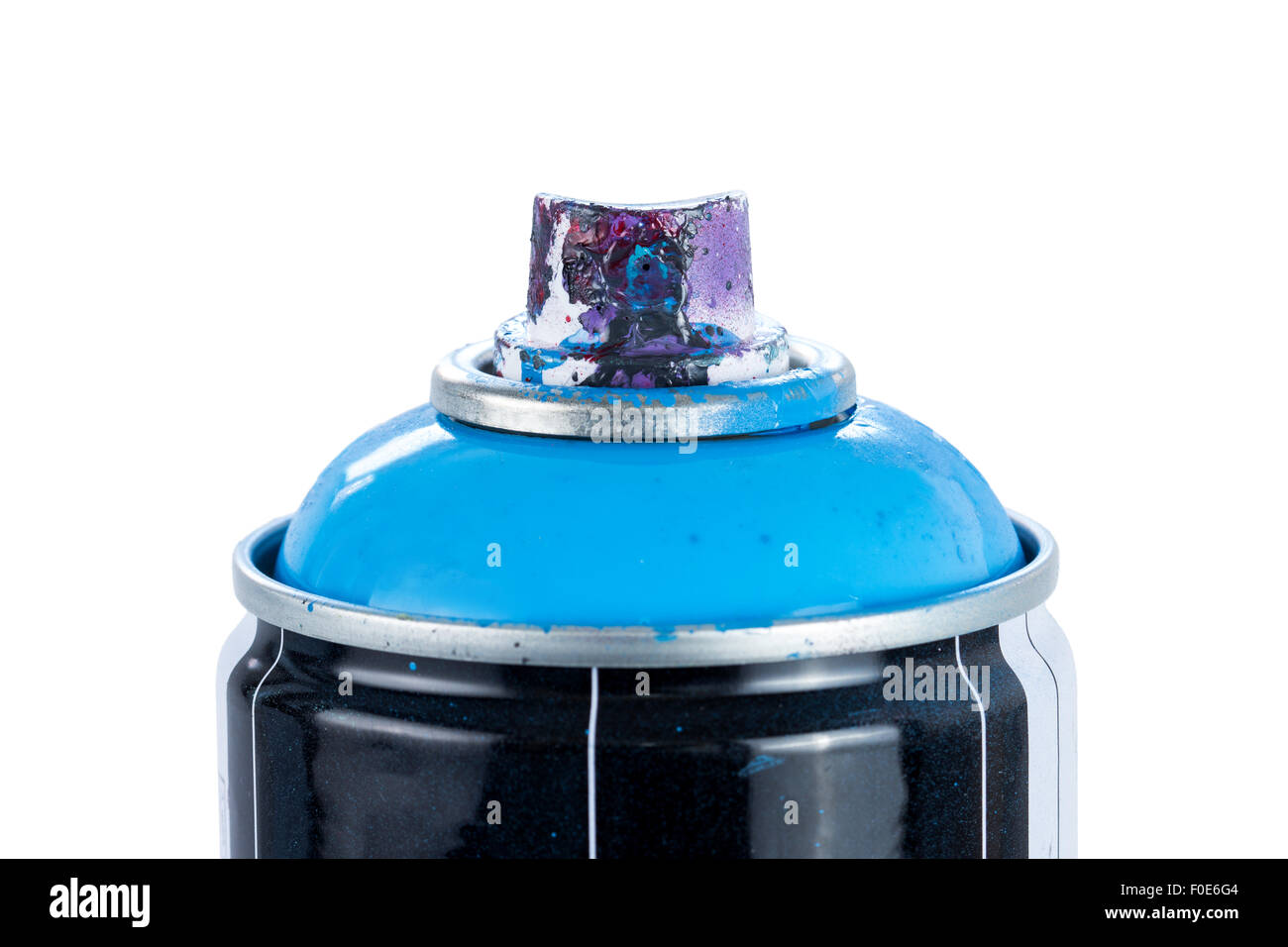 Close-up of a blue spray paint can with used and painty nozzle, isolated on white background. Stock Photo