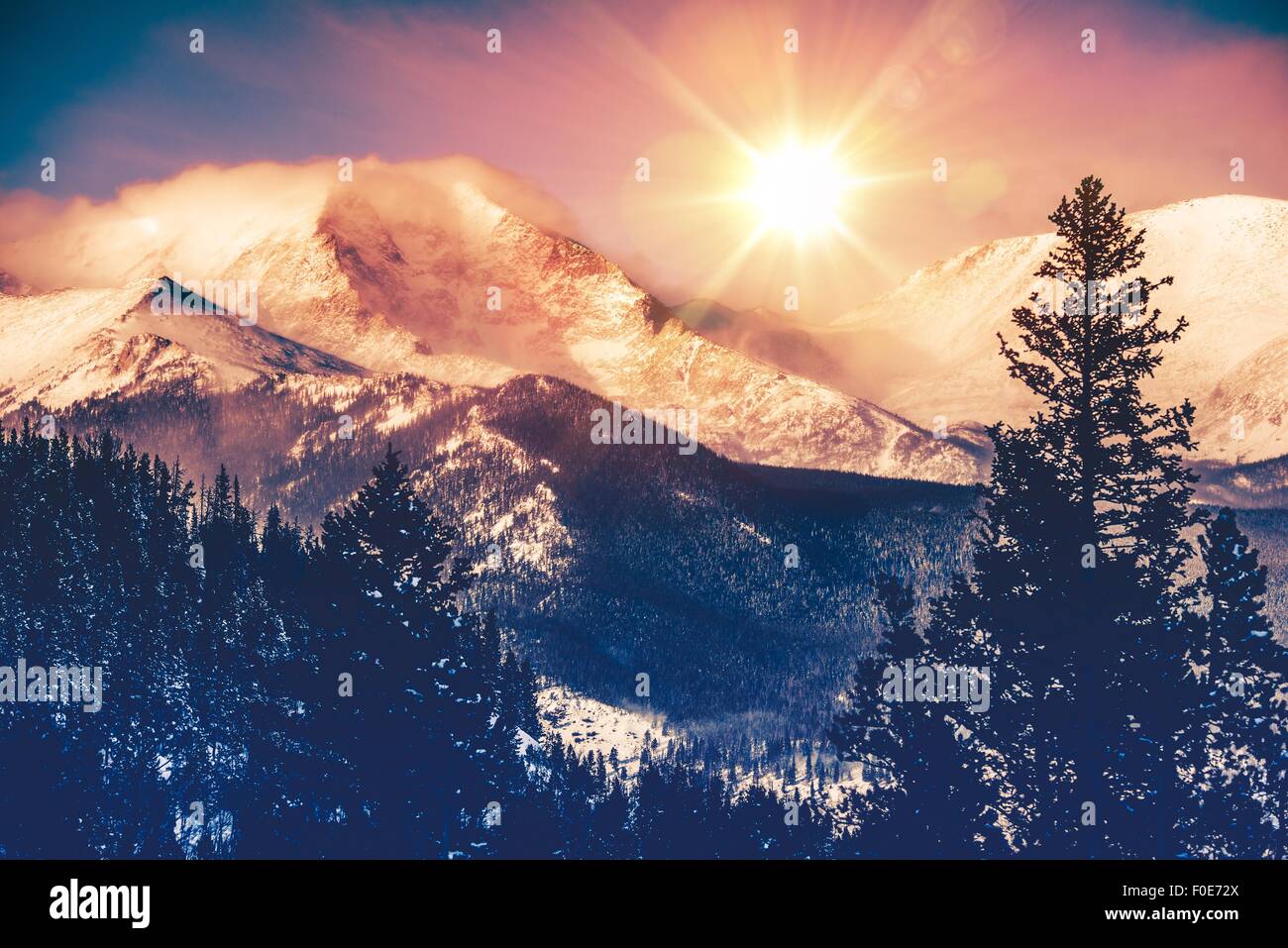 Colorado Mountains Vista in Abstract Color Grading. Rocky Mountain. Stock Photo