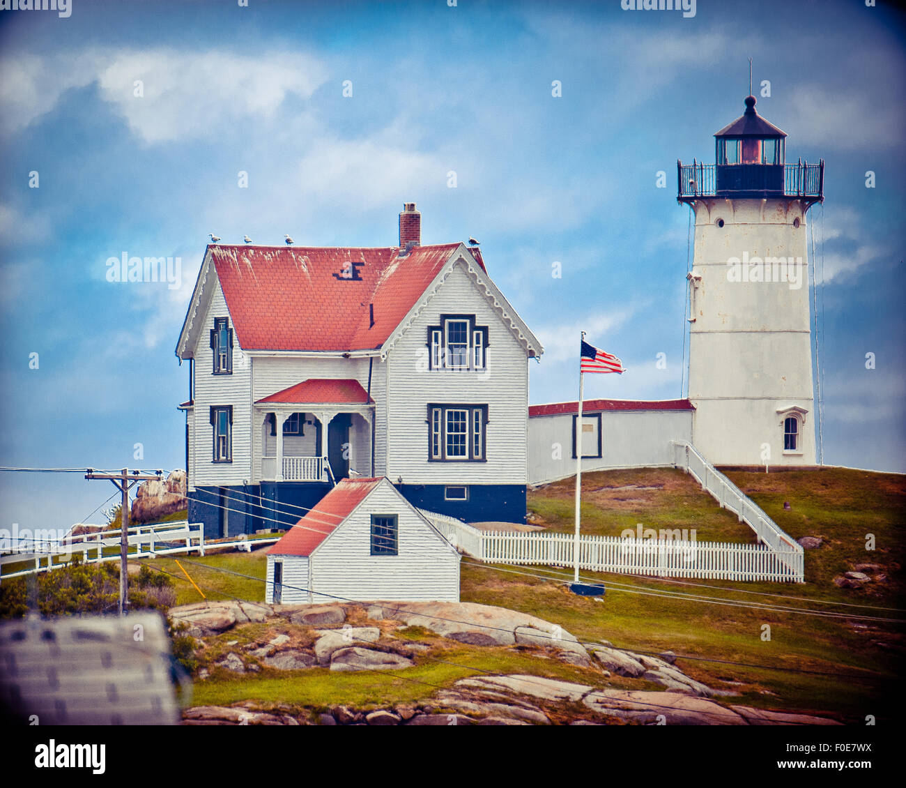 Nubble lighthouse in Maine, Cape Neddick. Stock Photo