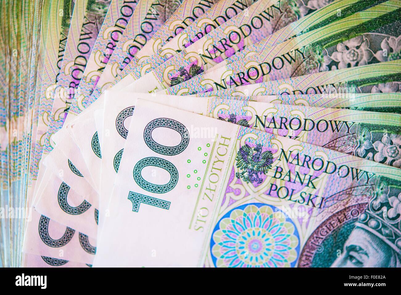 One Hundred Polish Zloty Bills Closeup Photo. Polish Currency. Stock Photo