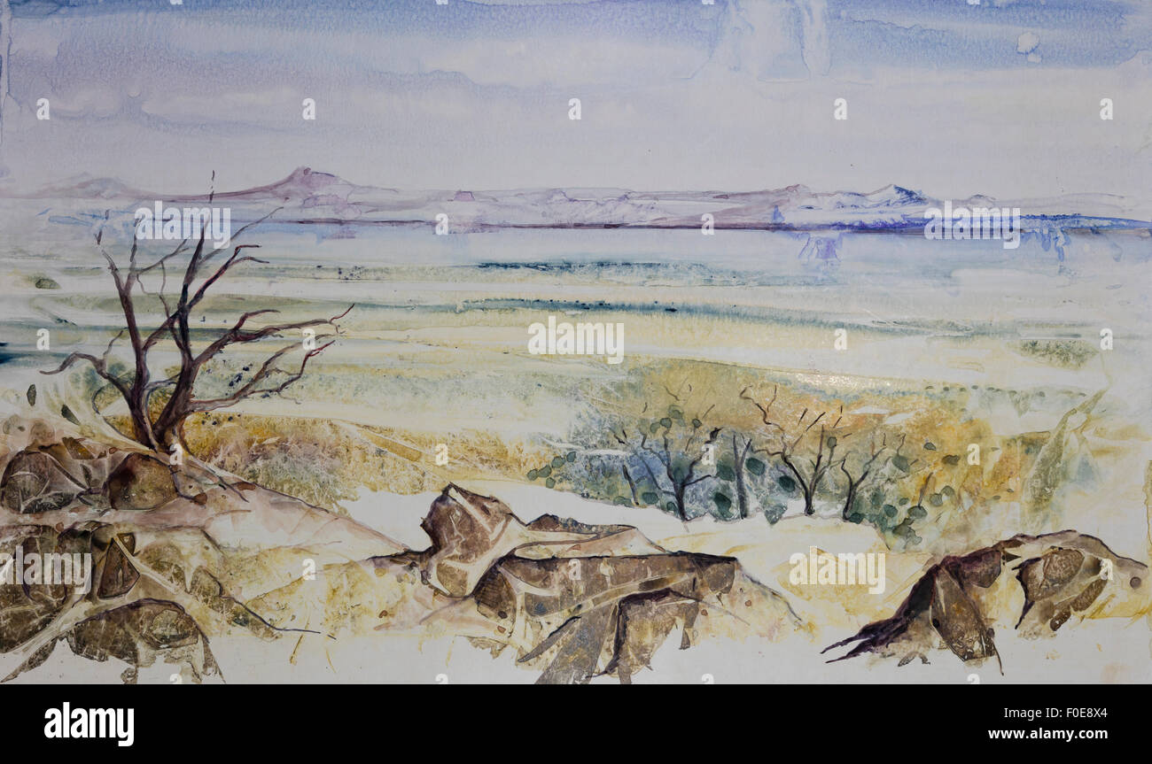 Original watercolour, South African landscape Stock Photo Alamy