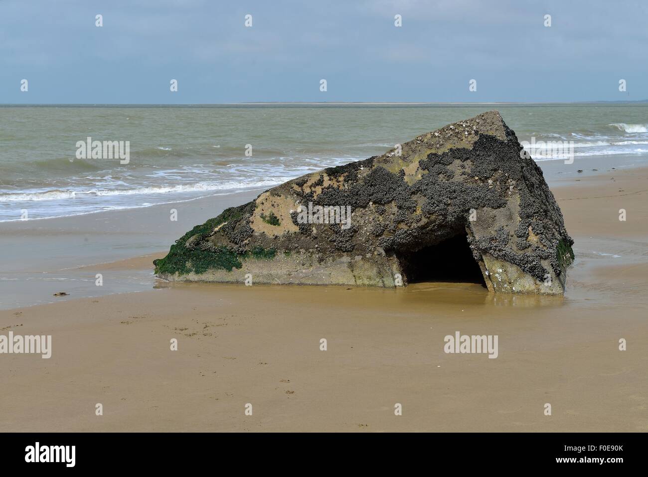 Beach,France,Sand,WW2 BUNKER,Blockhouse, Stock Photo