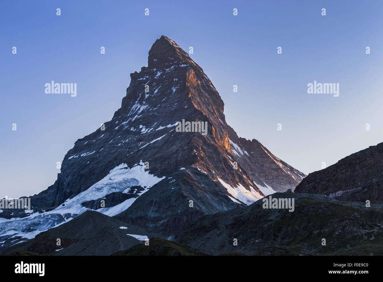 Sunset, Matterhorn (Cervino) mountain in Swiss Alps, Zermatt. East and north mountain walls. Europe. Stock Photo