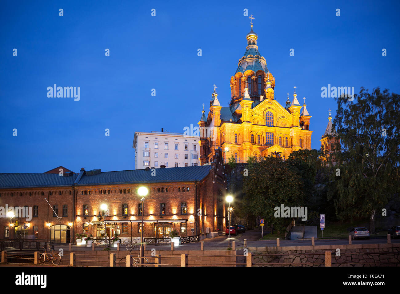 Uspenski Cathedral  is an Eastern Orthodox cathedral in Helsinki, Finland. Illuminated at night . Stock Photo