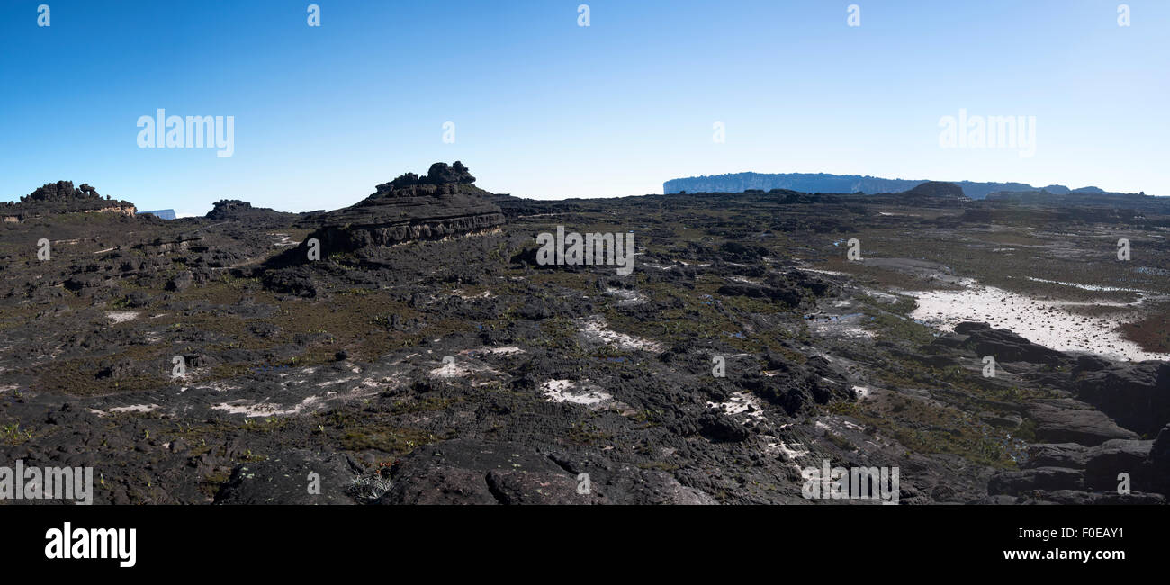 Clear blue sky and panorama on Roraima Tepuy, a black volcanic moon surface, Gran Sabana. Venezuela 2015. Stock Photo