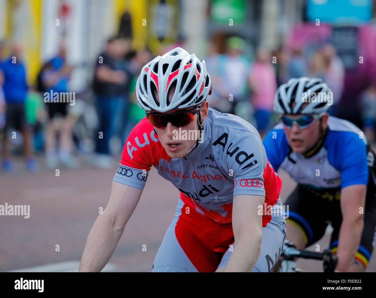 Bangor, Co. Down, Northern Ireland. 13th August 2015. The Seat Criterium Super 7 Final cycle race is abandoned after a competitor is injured. Credit:  J Orr/Alamy Live News Stock Photo