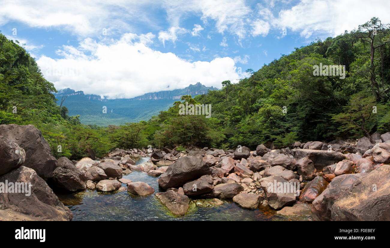 Panorama of the river, the rocks, and the mountains around taken from the Angel Falls, Canaima National Park. Venezuela Stock Photo