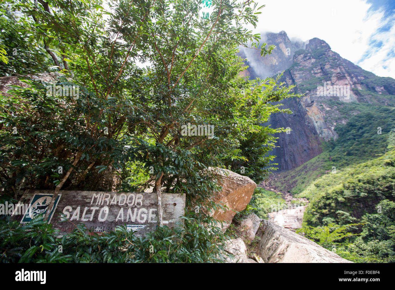 Sign at the Mirador of the Salto Angel in Canaima National Park. The Waterfall is in the background. Venezuela 2015 Stock Photo