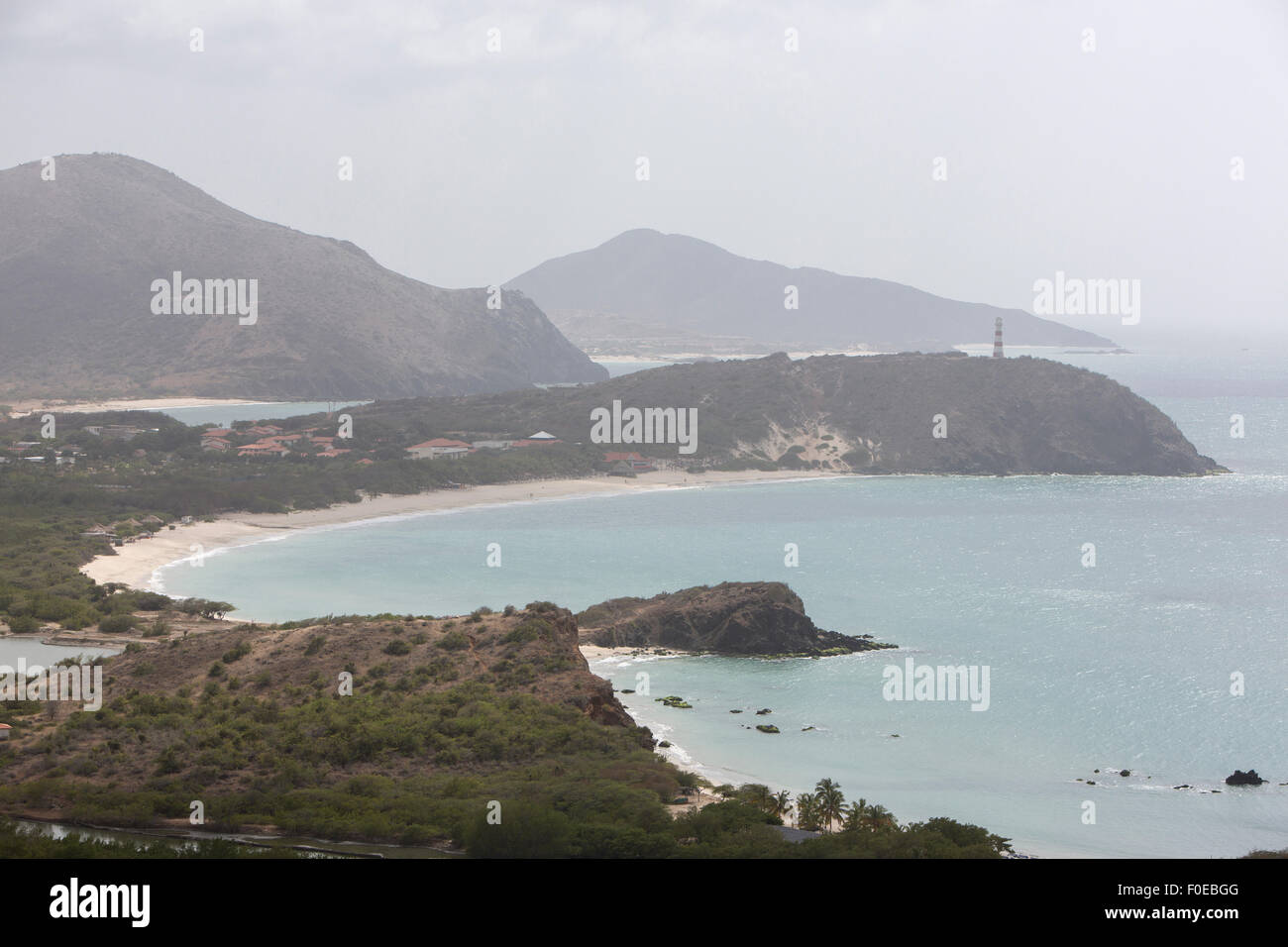 Bay and wild beaches with ocean and a lighthouse. Margarita Island. Venezuela Stock Photo