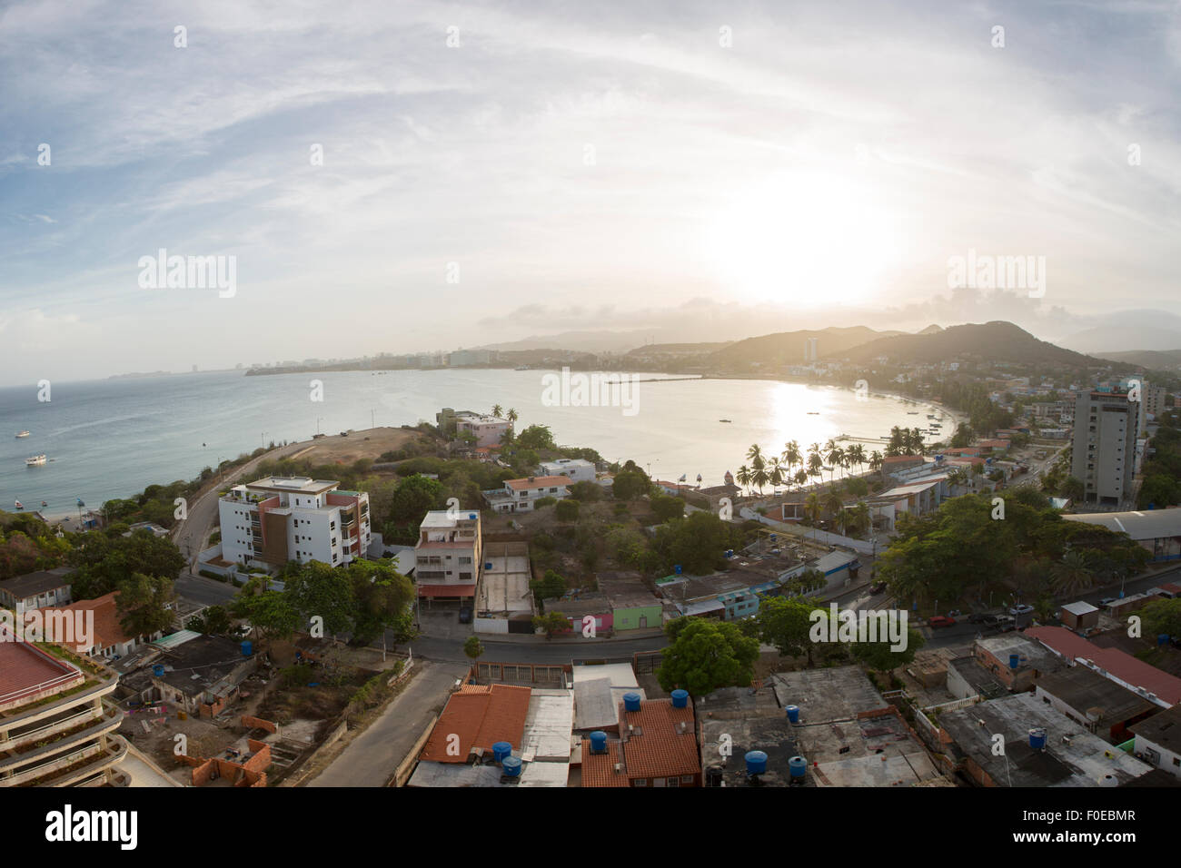 Aerial beautiful sunset view of Pampatar bay in the caribbean sea. Margarita Island. Venezuela 2015 Stock Photo