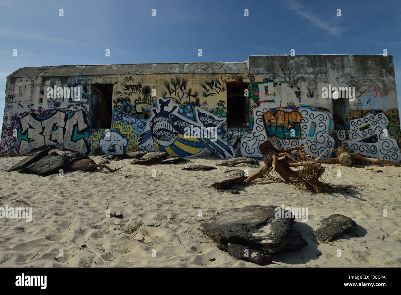 Beach,France,Sand,WW2 BUNKER,Blockhouse, Stock Photo