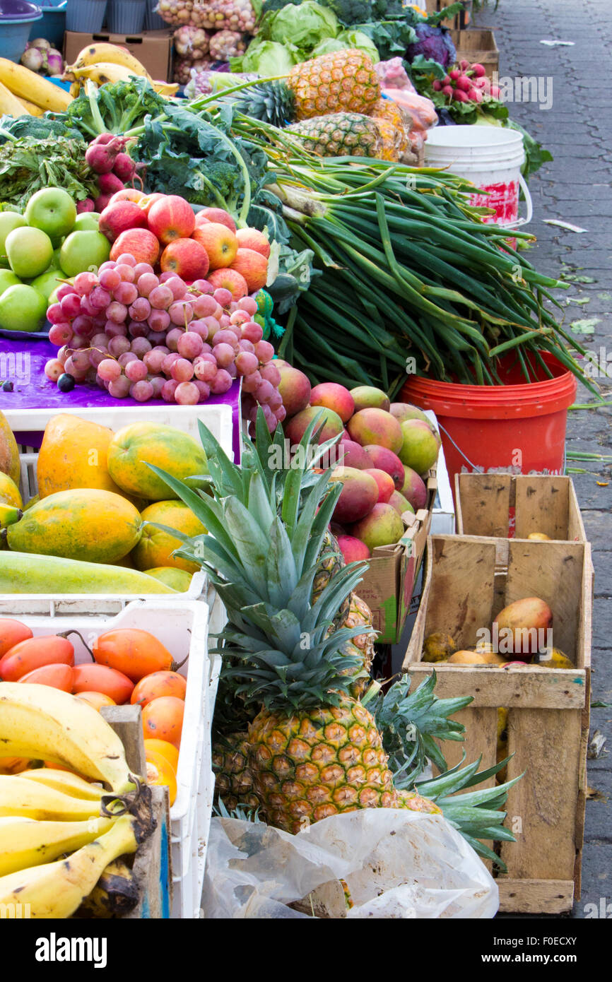 Different variety of colored fruits and vegetables at the Andean market