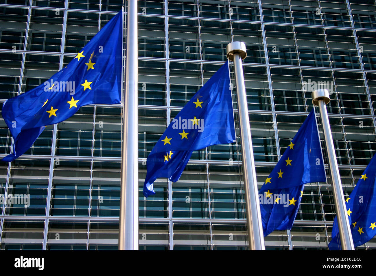 European flags in front of the European Commission, Brussels Stock Photo