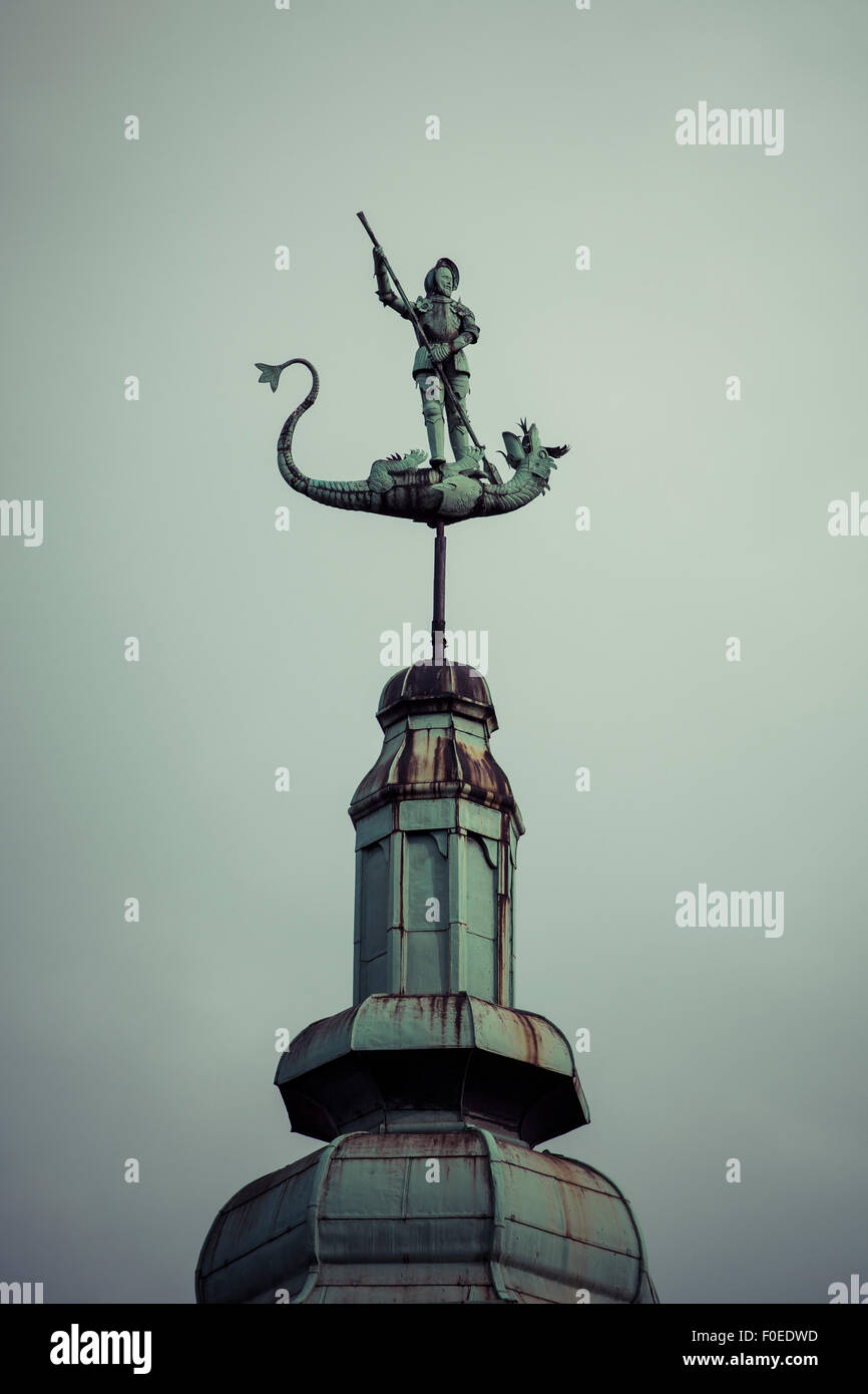 St. George and the Dragon Statue. Old city of Gdansk, Poland. Duho Toned Image. Stock Photo