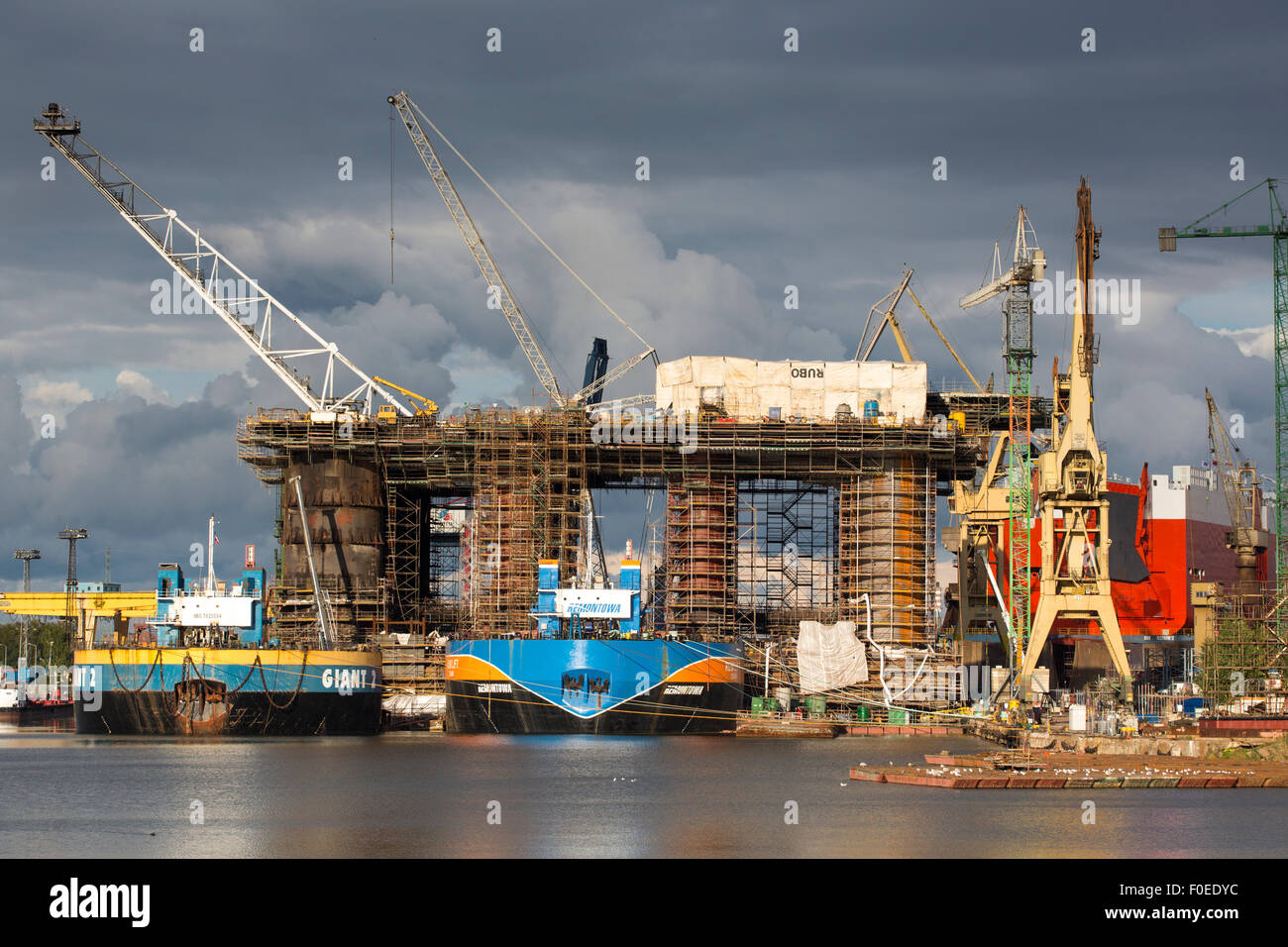 Docking oil rig at the Gdansk Shipyard under construction with a clear ...