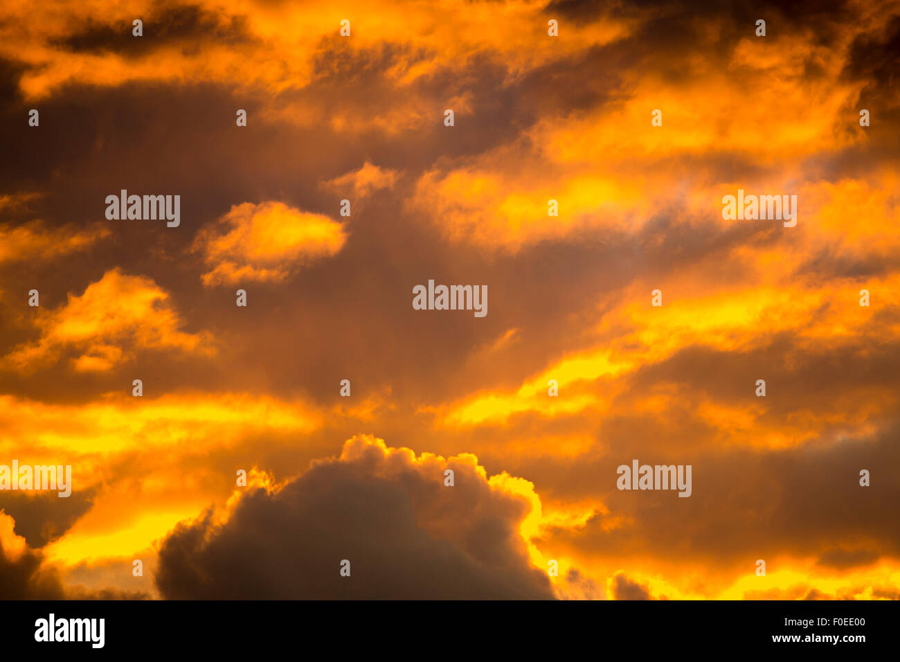 Dramatic sunset like fire in the sky with golden clouds in Gdansk ...