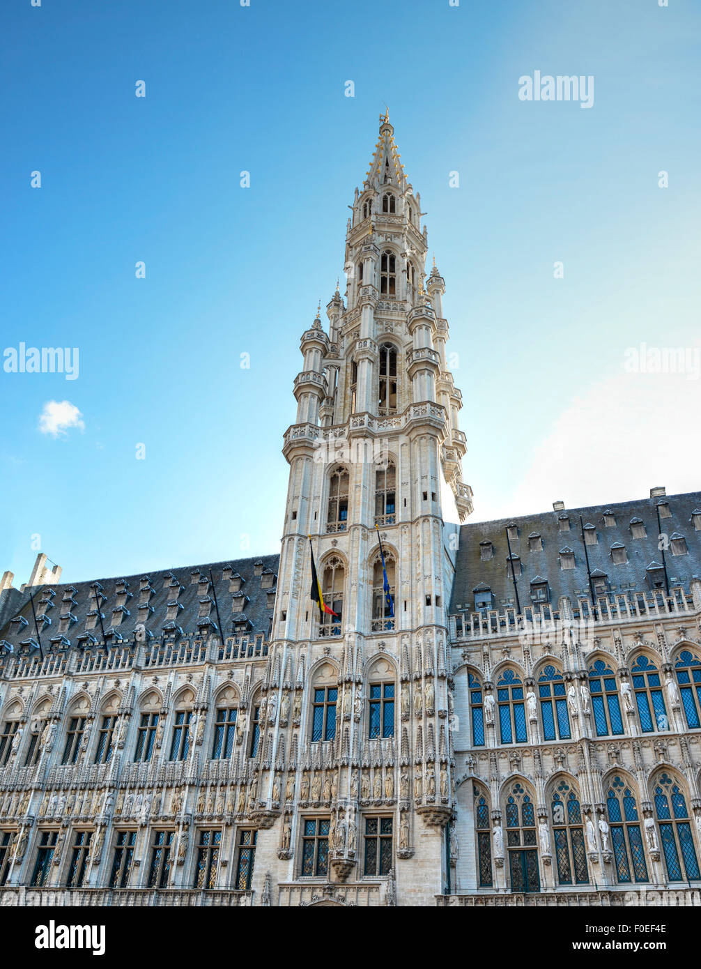 Upper view of The Brussels Town Hall building with a nice blue sky Stock Photo
