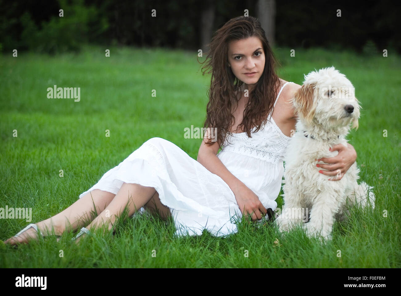 girl with dog sitting in grass Stock Photo - Alamy