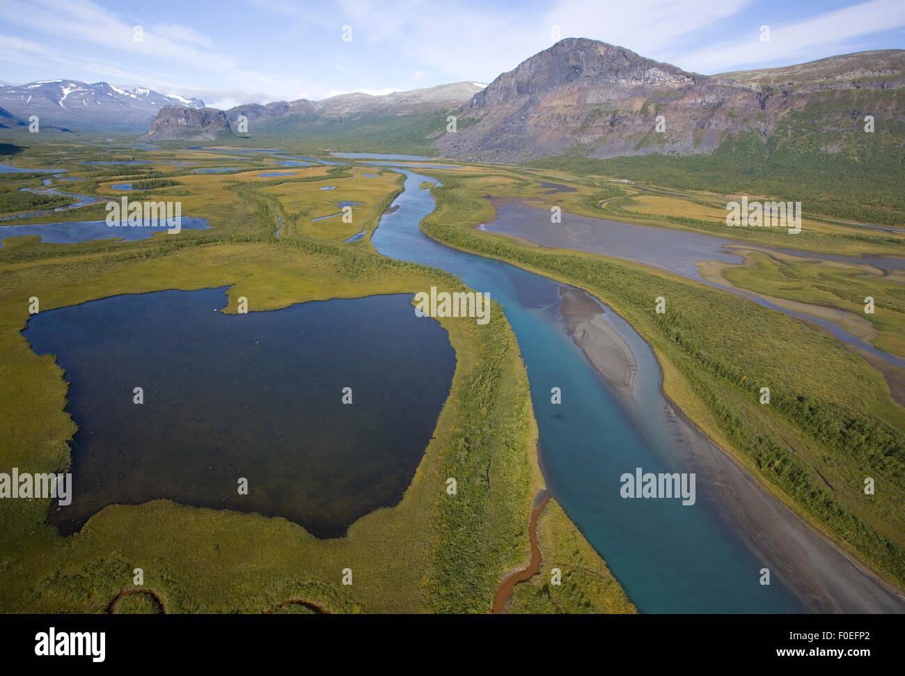 Aerial view over Laitaure Delta with mountains Skierffe and Nammatj and the Rapadalen valley, Sarek National Park, Laponia World Heritage Site, Lapland, Sweden, September 2008 Stock Photo