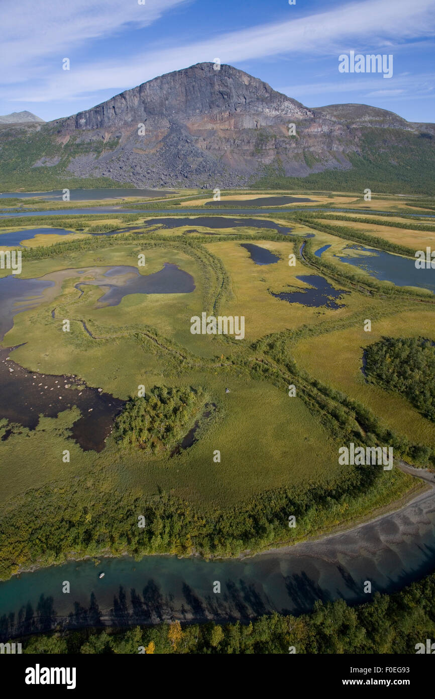 Aerial view over the Laitaure delta in the Rapadalen valleu, with Skierffe mountain, Sarek National Park, Laponia World Heritage Site, Lapland, Sweden, September 2008 Stock Photo