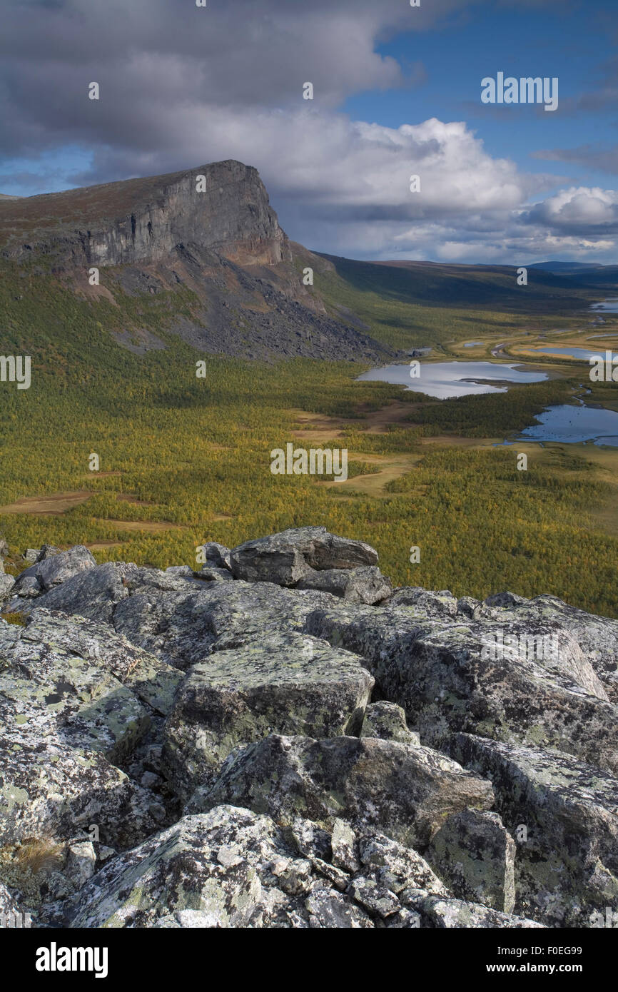 View over Laitaure delta in the Rapadalen valley and Skieffe mountain from Nammatj, Sarek National Park, Laponia World Heritage Site, Lapland, Sweden, September 2008 Stock Photo