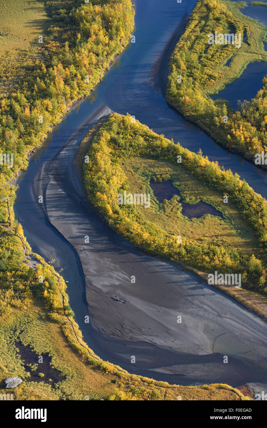 Aerial view over Laitaure delta, Sarek National Park, Laponia World Heritage Site, Lapland, Sweden, September 2008 Stock Photo
