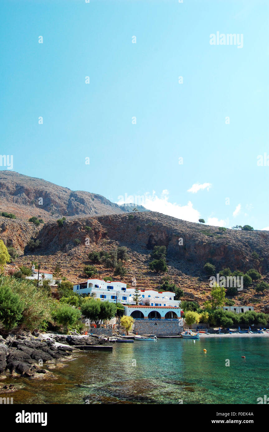 The Old Phoenix hotel and its own private beach in Finix bay, Crete, Greece Stock Photo