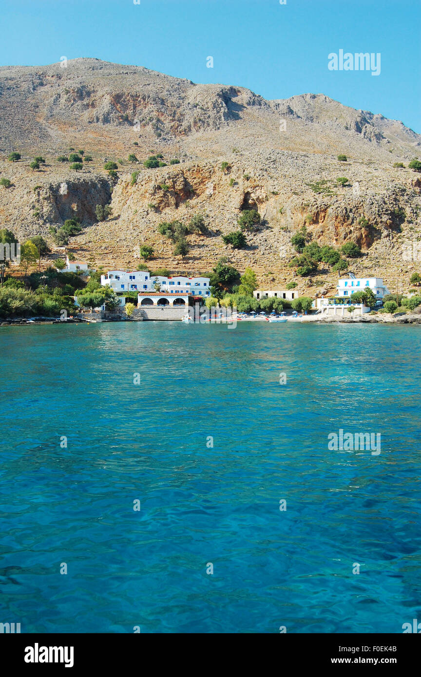 The Old Phoenix hotel and its own private beach in Finix bay, Crete, Greece Stock Photo