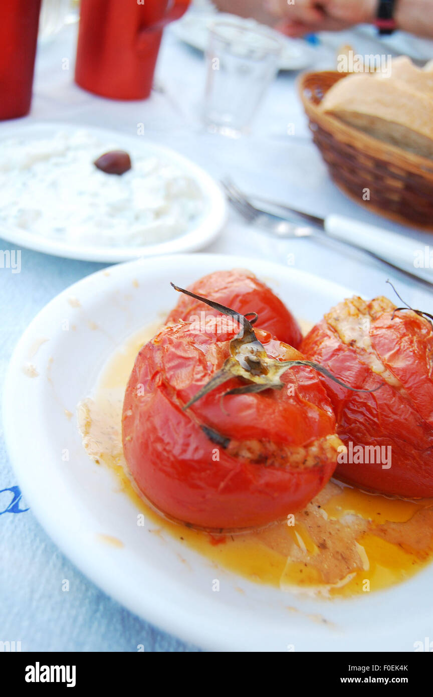 Stuffed tomatoes at a taverna in Loutro Crete Greece Stock Photo