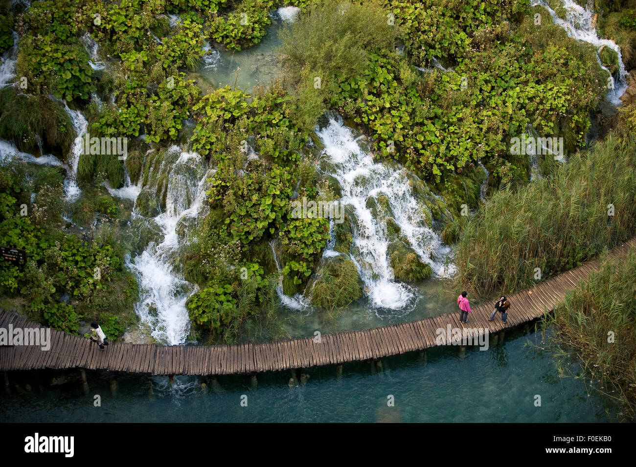 People on walkway at Velike kaskade, viewed  from above, Lower lakes, Plitvice Lakes National park, Croatia, October 2008 Stock Photo