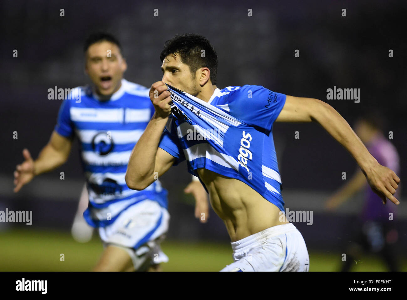 Montevideo, Uruguay. 13th Aug, 2015. Matias Duffard of Uruguay' Juventud celebrates after scoring during the match group 1 for the first phase of South America Cup against Bolivia's Real Potosi at Luis Franzini, in Montevideo, capital of Uruguay, on Aug. 13, 2015. Credit:  Nicolas Celaya/Xinhua/Alamy Live News Stock Photo