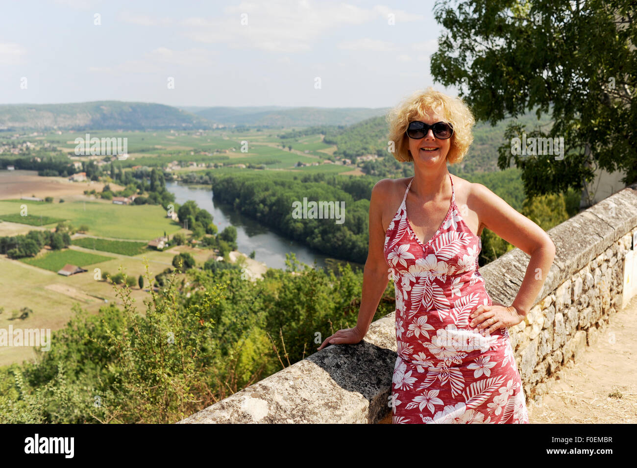 View over River Lot valley from Belaye showing some of the famous vineyards growing Malbec grapes to produce Cahors wine France Stock Photo