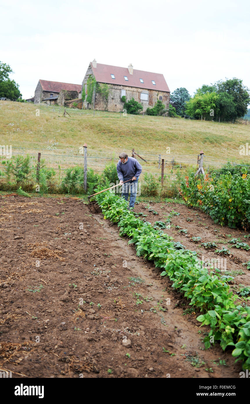 Gite owner working on his vegetable allotment at Frayssenat-le-Gelat  France Holiday to the Lot Region of South West France Stock Photo