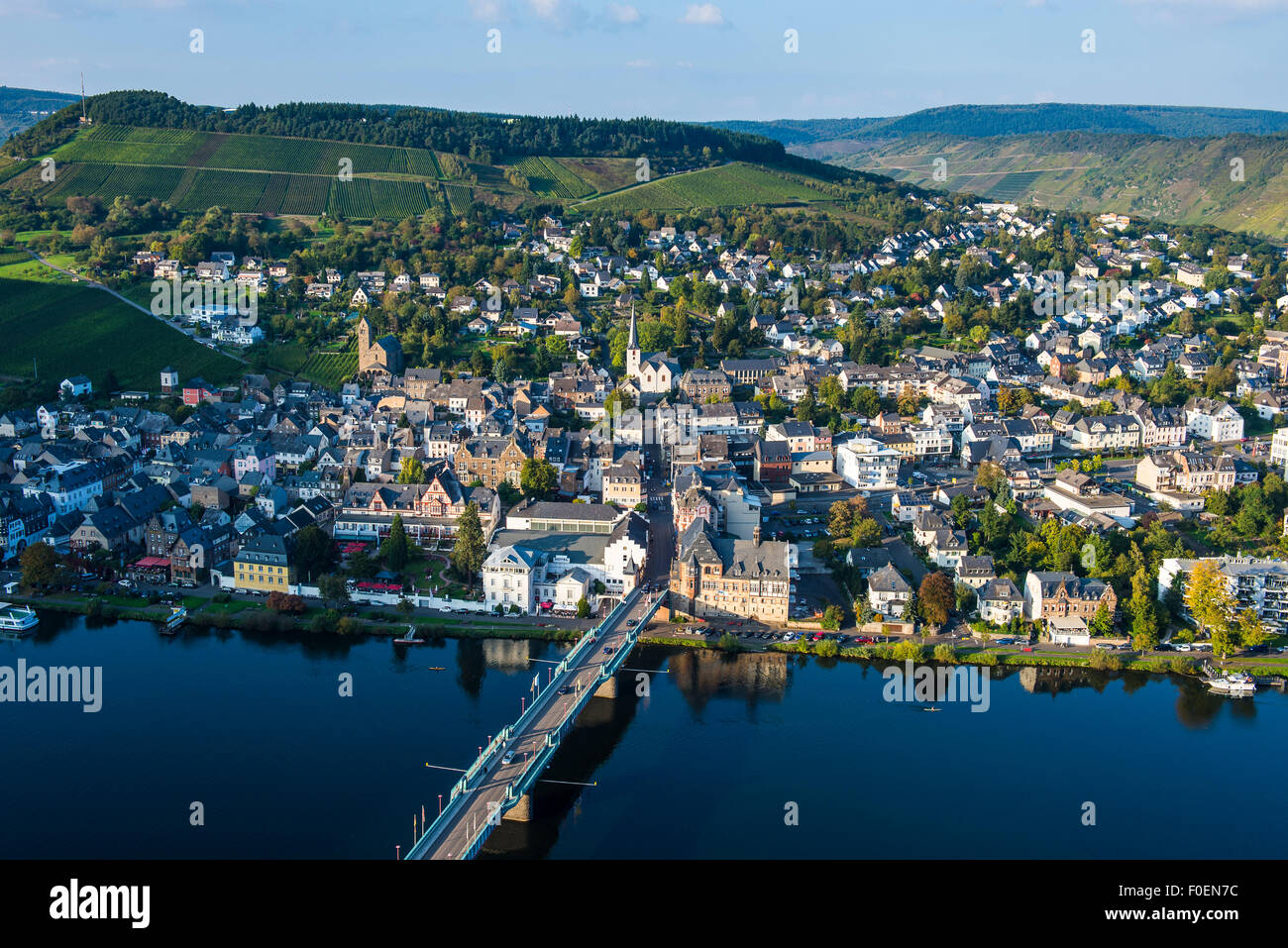 View across Traben-Trarbach and the Moselle river, Moselle valley, Rhineland-Palatinate, Germany Stock Photo