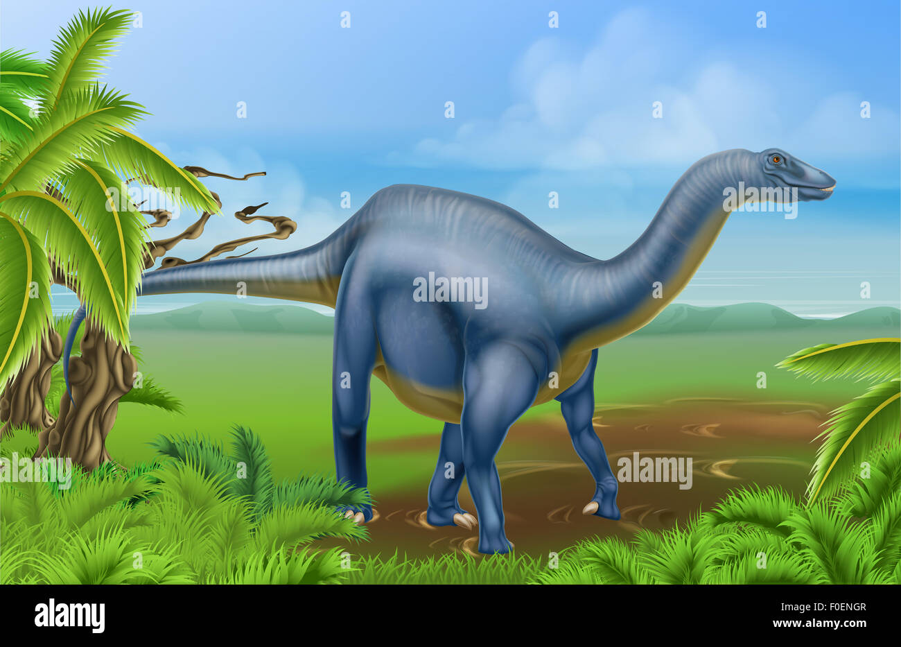 An illustration of a Diplodocus dinosaur from the sauropod family like brachiosaurus and other long neck dinosaurs in a backgrou Stock Photo