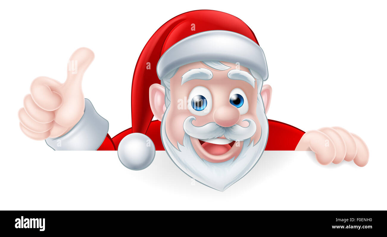 An illustration of a cute cartoon Santa peeking above a sign giving a thumbs up Stock Photo