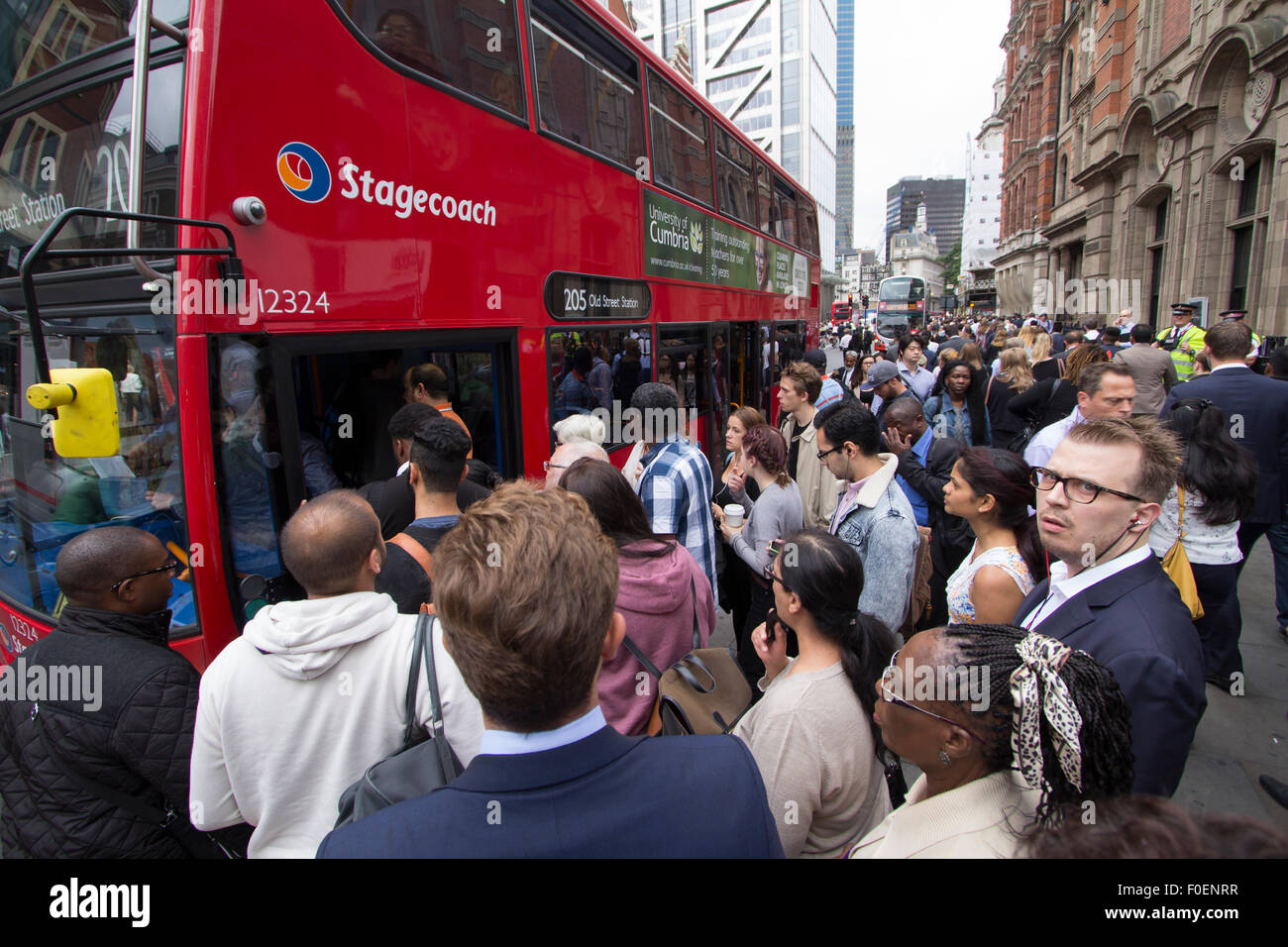 huge crowded bus queues during London Underground tube strike in London 6th August 2015 Stock Photo