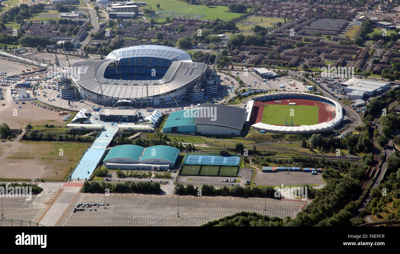 aerial view of Manchester City Etihad football Stadium and Manchester Regional Arena, UK Stock Photo