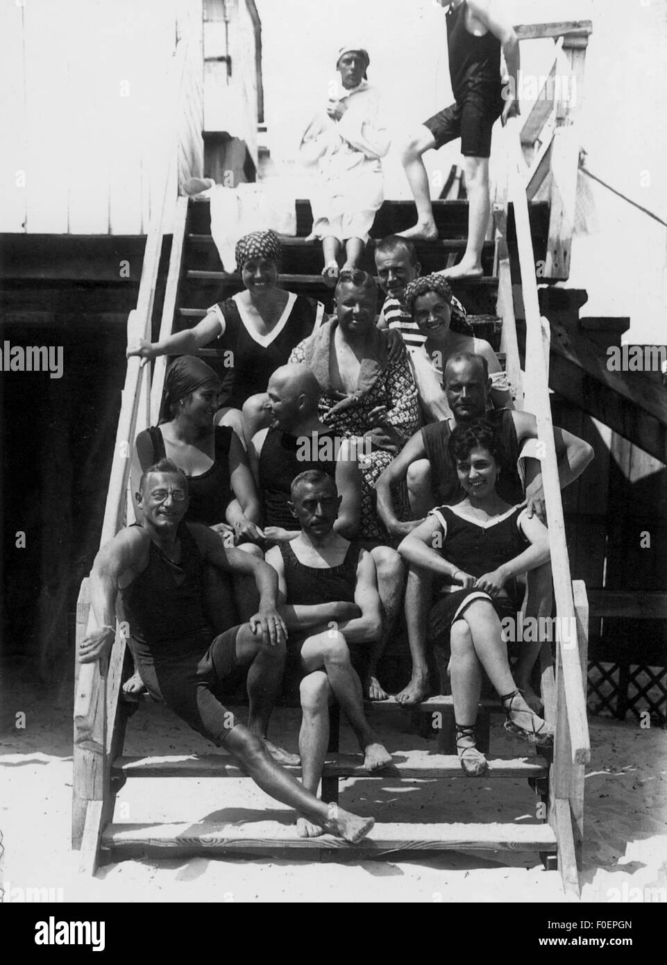 bathing, lido / open-air swimming pool, group by young people in bathing wear, picture postcard, 1920, Additional-Rights-Clearences-Not Available Stock Photo
