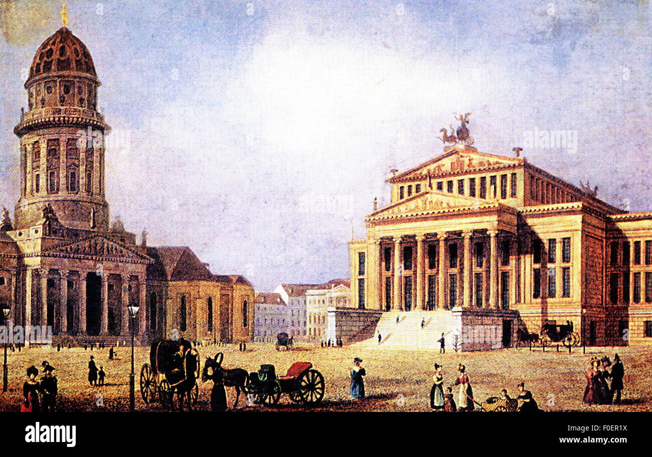 geography / travel,Germany,Berlin,theatre / theater,playhouse and French Cathedral,built by Schinkel and Gruenberg,after contemporary painting,1st half of the 19th century,historic,historical,coach,carriage,coaches,carriages,pedestrian,pedestrians,building,buildings,architecture,exterior view,square,squares,Gendarmenmarkt,Berlin-Mitte,metropolis,capital,capital city,capitals,capital cities,inner city,midtown,city centre,town centre,urban core,old town,historic city centre,historic city center,magnificent building,Schauspiel,Additional-Rights-Clearences-Not Available Stock Photo