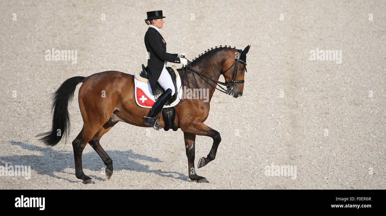 Aachen, Germany. 13th Aug, 2015. Marcela Krinke Susmelj of Switzerland rides her horse Smeyers Molberg in the Grand Prix Dressage Team Final during the FEI European Championships in Aachen, Germany, 13 August 2015. Photo: Friso Gentsch/dpa/Alamy Live News Stock Photo